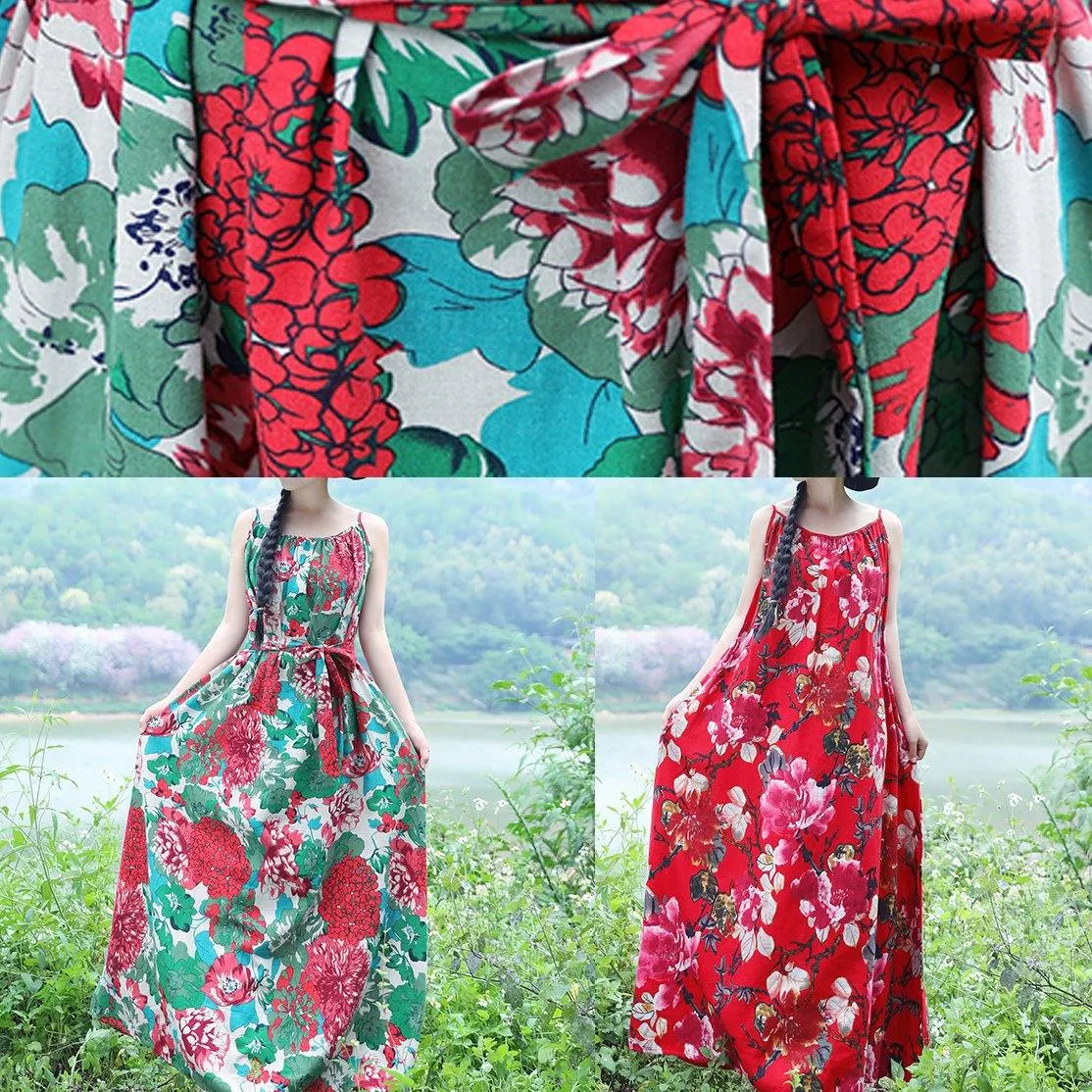 100% red floral linen sleeveless long summer Dresses