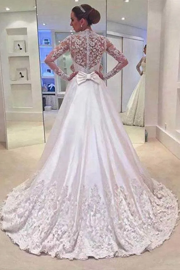 A-line V-neck Long Sleeves Court Train Wedding Dress With Appliques TN0021