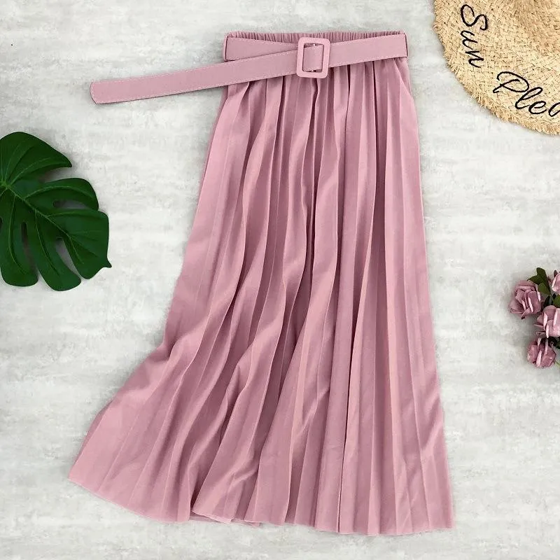 Chiffon Flare A-Line Pleated Mid-Length Solid Colored Skirt