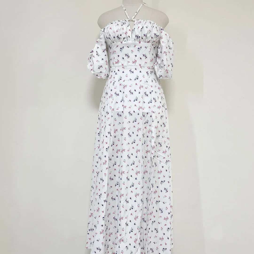 Daisy Printed Puff Sleeve High Slit Smock Maxi SunDresses - White