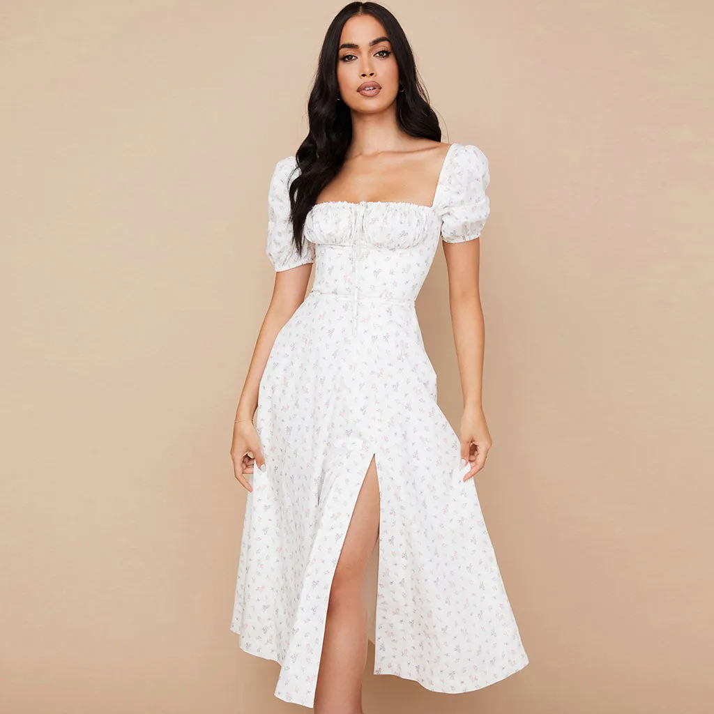 Daisy Printed Puff Sleeve High Slit Smock Maxi SunDresses - White