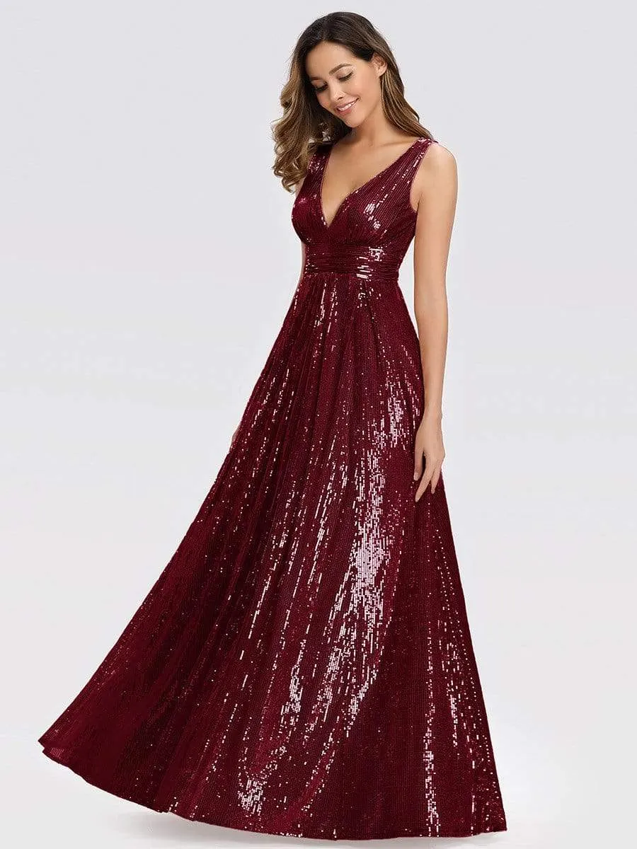 Gorgeous Double V Neck Maxi Long Sleeveless Sequin Prom Dress