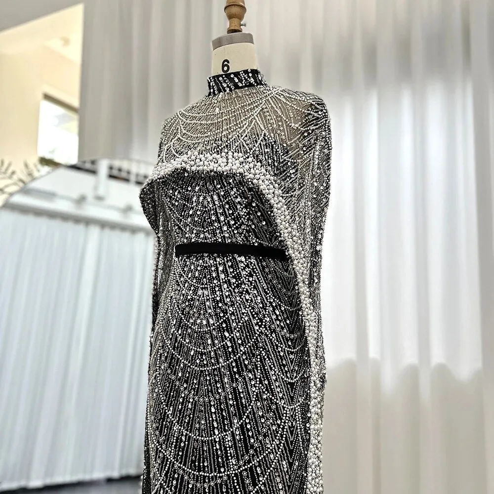 Luxury Evening Dress With cape and Han beaded pearls