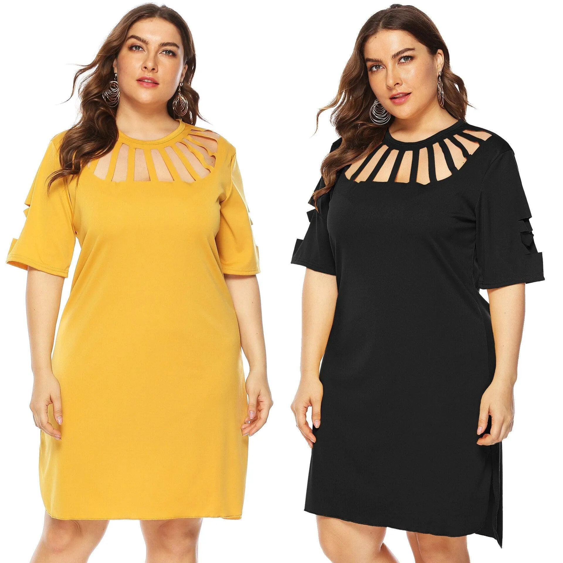 Plus Size Elegant O-Neck Hollow Out Half Sleeve Mini Dress