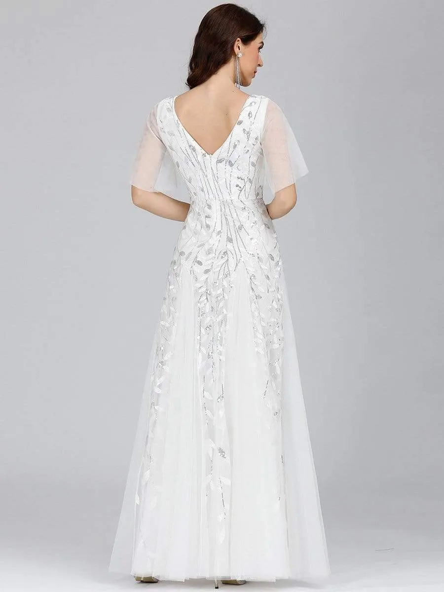 Romantic Shimmery V Neck Ruffle Sleeves Maxi Long Evening Gowns